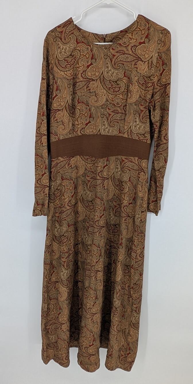 Vintage Y2K Women's 10 Paisley Brown Long Sleeve Maxi Dress Boho Retro Earthy